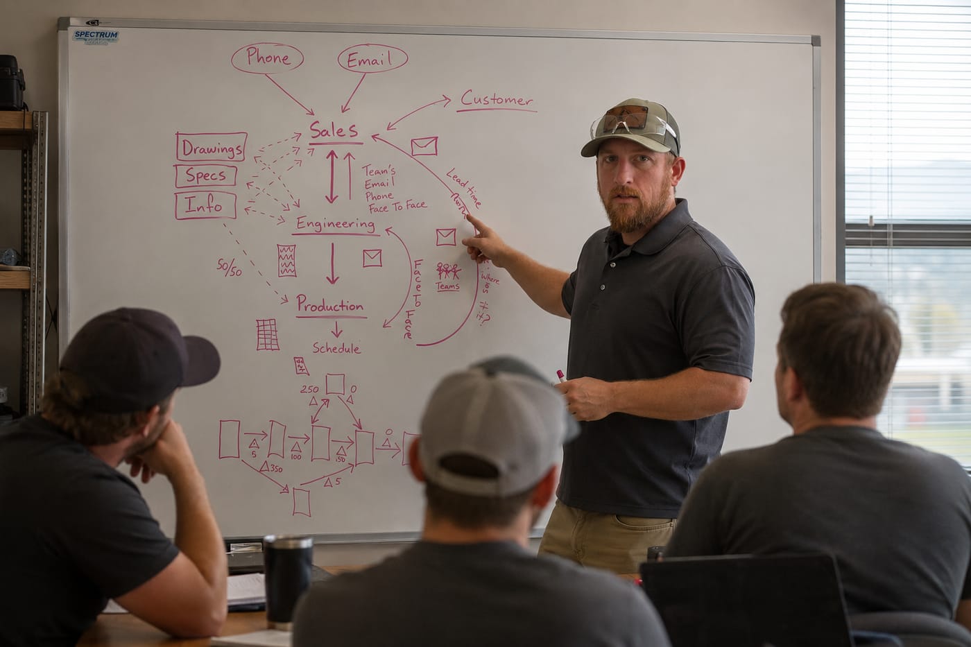 Josh Hixon at a wall covered in a hand-drawn map of a real shop's manufacturing flow — the mess of daily conversations it takes just to find out where things are.